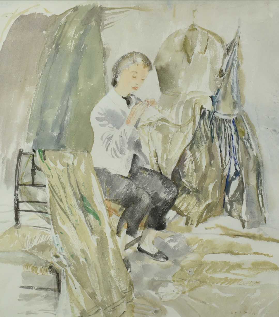 Lot 245 - Robert Sargent Austin (1895-1973) watercolour - The Theatre Seamstress, circa 1955, signed, 41cm x 36cm, in glazed frame