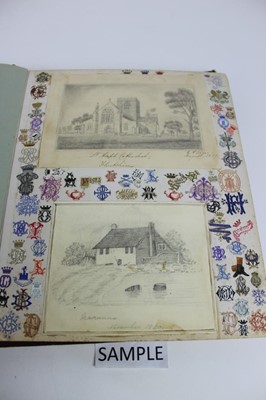 Lot 1562 - Victorian scrap book containing crests, drawings, paper lace valentines and greeting cards, political and other cartoons, stamps, engravings, fashoin, dried folage,  personalities, scraps flowers,...