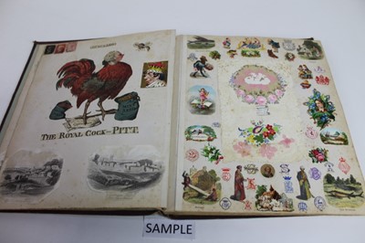 Lot 1562 - Victorian scrap book containing crests, drawings, paper lace valentines and greeting cards, political and other cartoons, stamps, engravings, fashoin, dried folage,  personalities, scraps flowers,...