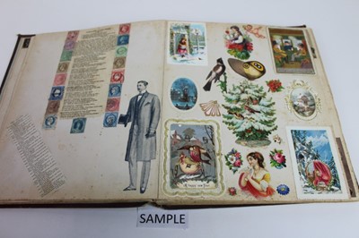 Lot 1562 - Victorian scrap book containing crests, drawings, paper lace valentines and greeting cards, political and other cartoons, stamps, engravings, fashoin, dried folage,  personalities, scraps flowers,...