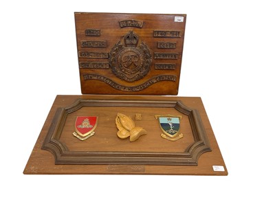 Lot 743 - 1940s carved wood Royal Engineers 126th Electrical & Mechanical Company plaque with battle honours 37 x 48 cm and another military plaque (2)