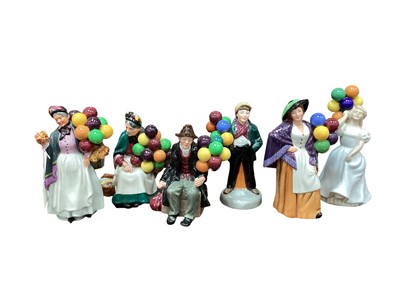 Lot 1075 - Six Royal Doulton figures - The Old Balloon Seller HN1315, The Balloon Man HN1954, Balloon Lady HN2935, Balloon Boy HN2934, Biddy Pennyfarthing HN1843 and Balloons HN3187