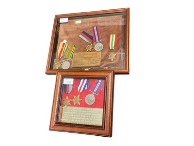 Lot 737 - Second World War trio comprising 1939 - 1945 Star, France and Germany Star and War medal, mounted in glazed frame. Together with another glazed frame containing Second World War medals comprising 1...