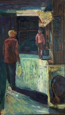 Lot 353 - Gerry Pine, contemporary, oil on canvas, 'Back to Front', signed and titled verso, 112cm x 65cm, framed