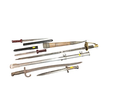 Lot 808 - Two Japanese daggers, two bayonets, Kyber knife scabbard and reproduction American sword with scabbard (6)