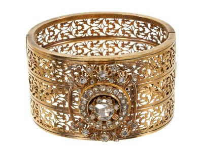 Lot 603 - 19th century gold and diamond hinged cuff bangle