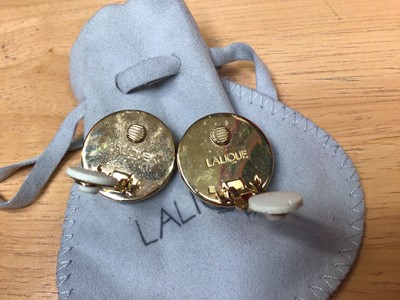 Lot 215 - Pair of silver and 18ct gold hoop earrings by Mecan, pair of Lalique carved flower clip on earrings in suede pouch, various other vintage clip on earrings, necklaces and costume jewellery