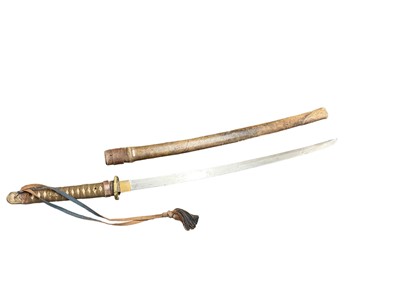 Lot 810 - Antique Japanese Katana sword with curved blade and signed tang with regulation military mounts and dress knot in leather covered sheath. The blade 68.5 cm