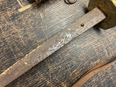 Lot 810 - Antique Japanese Katana sword with curved blade and signed tang with regulation military mounts and dress knot in leather covered sheath. The blade 68.5 cm