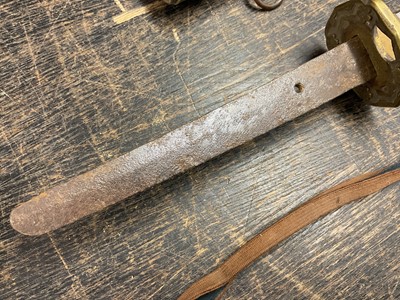 Lot 810 - Antique Japanese Katana sword with curved blade and signed tang with regulation military mounts and dress knot in leather covered sheath. The blade 68.5 cm