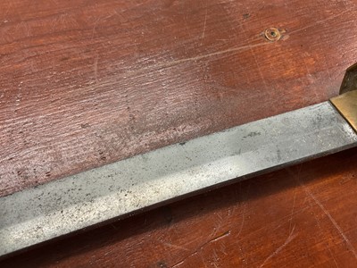 Lot 810 - Antique Japanese Katana sword with curved blade and signed tang with regulation military mounts and dress knot in leather covered sheath. The blade 68.5 cm