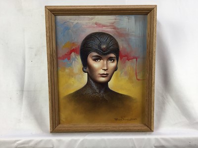 Lot 35 - Peter Andrew Jones (contemporary) oil on board - Science fiction head ‘Lydia’