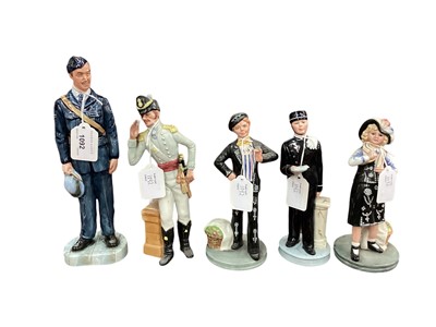 Lot 1092 - Five Royal Doulton figures - Royal Air Force Corporal HN4967, Morning Ma'am HN2895, Ritz Bell Boy HN2772, Pearly Boy HN2767 and Pearly Girl HN2769