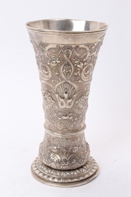 Lot 568 - Late 19th century Renaissance style Hanau silver vase of waisted cylindrical form