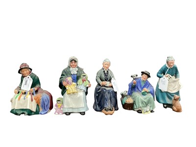 Lot 1095 - Five Royal Doulton figures - Silks and Ribbons HN2017, The Rag Doll HN2944, Tuppence A Bag HN2320, The Favourite HN2249 and The Cup of Tea HN2322