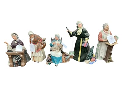 Lot 1097 - Five Royal Doulton figures - Schoolmarm HN2223, Grandma HN2052, Nanny HN2221, Christmas Parcels HN2851 and Good Morning HN2671