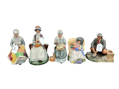 Lot 1098 - Five Royal Doulton figures - Eventide HN2814, Rest Awhile HN2728, Embroidering HN2855, Sweet Dreams HN2380 and Bon Appetit HN2444