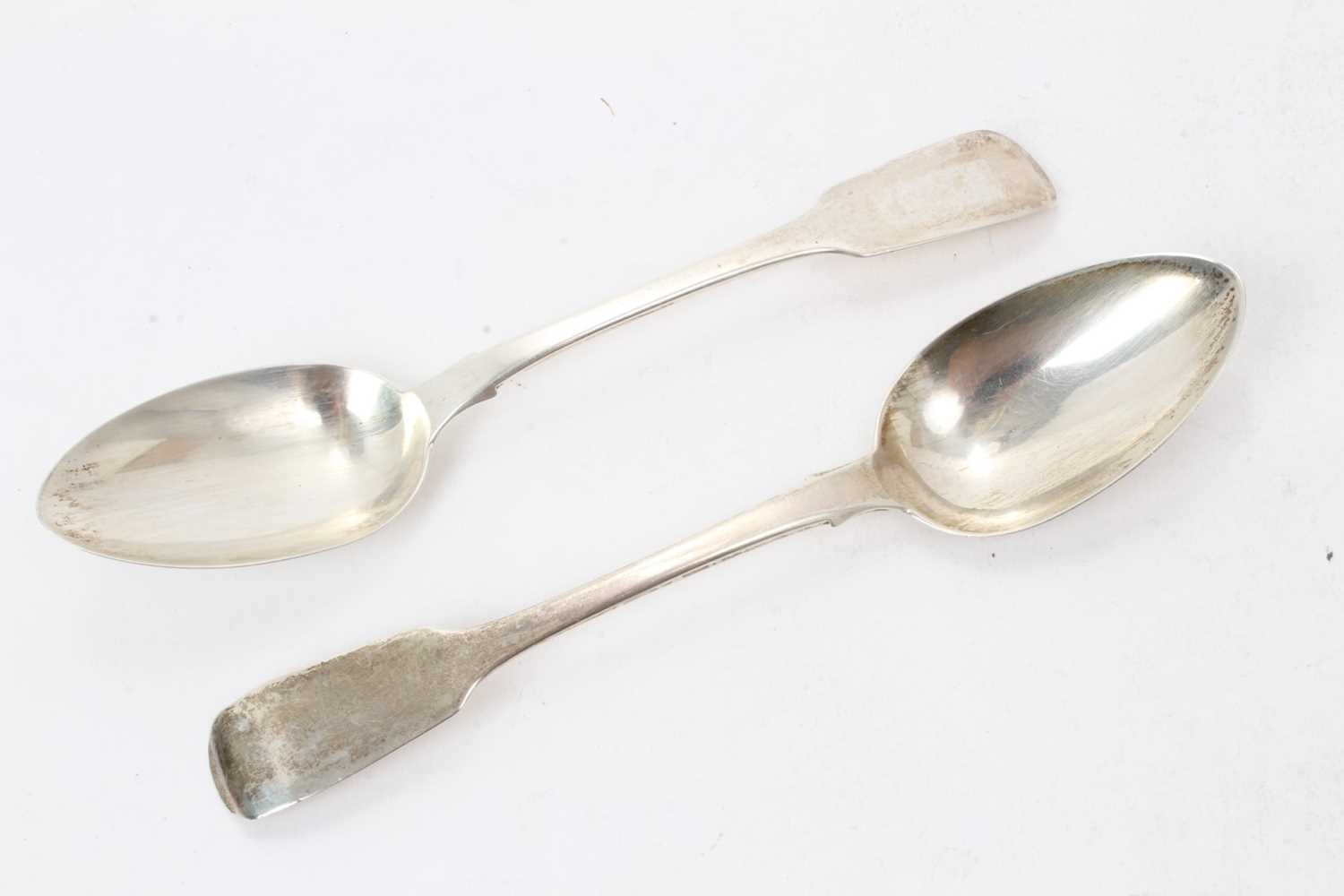 Lot 477 - Pair of 19th century white metal fiddle pattern dessert spoons