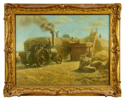 Lot 1171 - Edward Constable Alston (1866-1939) oil on canvas - Threshing Corn, artists labels verso, 59cm x 78cm, gilt frame