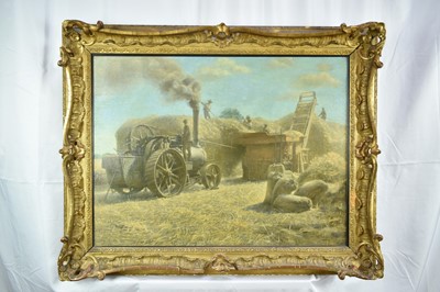 Lot 1171 - Edward Constable Alston (1866-1939) oil on canvas - Threshing Corn, artists labels verso, 59cm x 78cm, gilt frame