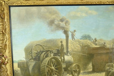 Lot 1171 - Edward Constable Alston (1866-1939) oil on canvas - Threshing Corn, artists labels verso, 59cm x 78cm, gilt frame