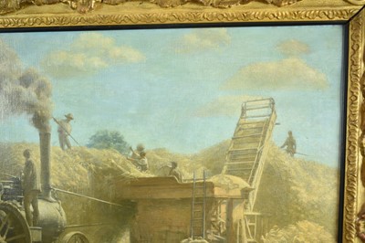 Lot 1171 - Edward Constable Alston (1866-1939) oil on canvas - Threshing Corn, artists labels verso, 59cm x 78cm, gilt frame