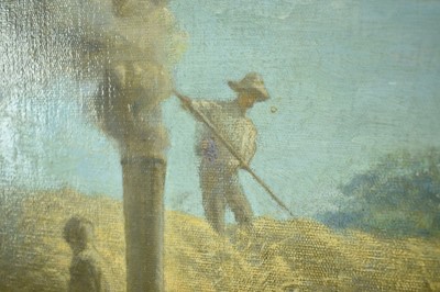 Lot 1171 - Edward Constable Alston (1866-1939) oil on canvas - Threshing Corn, artists labels verso, 59cm x 78cm, gilt frame