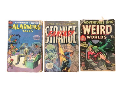 Lot 1675 - 1953 A Farrell Publication "Eerie Tales Of Suspense" Strange Fantasy #6 together with 1953 Atlas Comics Adventures into Weird Worlds #22 and 1958 Harvey Publication " A new dimension of Suspense...
