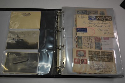 Lot 1552 - Album of Graf Zeppelin covers, letters & postcards to include 1st Flight LZ-127 Zeppelin Mail Covers, good range of postcards, USA Tactical Training Flight USS Akron, several 1930s period covers, p...