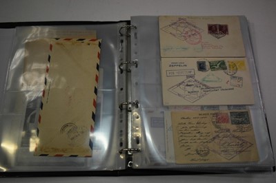 Lot 1552 - Album of Graf Zeppelin covers, letters & postcards to include 1st Flight LZ-127 Zeppelin Mail Covers, good range of postcards, USA Tactical Training Flight USS Akron, several 1930s period covers, p...