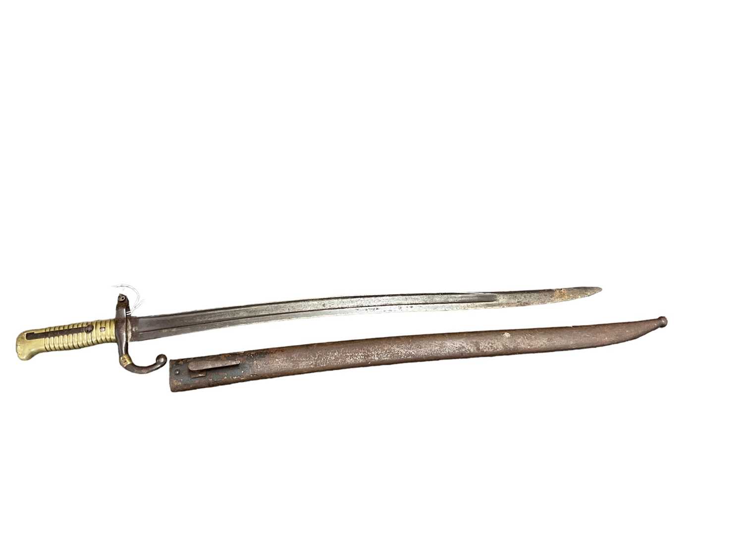 Lot 815 - Scarce captured French 1866 Pattern Chassepot bayonet modified by the Germans and re-issued complete with scabbard with long frog stud