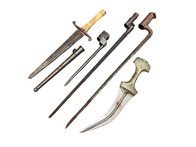 Lot 818 - Early 19th century dirk with bone grip, Arab dagger and three socket bayonets (5)