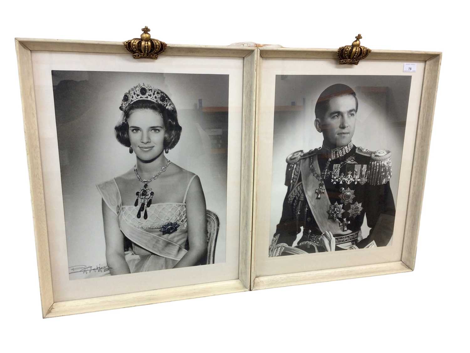 Lot 78 - T.R.H. King Constantine II of Greece and Queen Anne-Marie, pair fine 1960s Royal presentation portrait photographs of the King in uniform wearing Greek Orders and decorations, the Queen wearing a t...