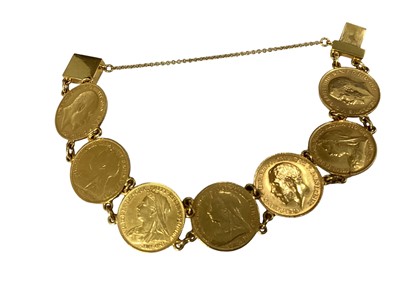 Lot 542 - G.B. - A gold bracelet containing seven Half Sovereigns (N.B. Total Wt. 33.5gms) (1 coin bracelet)