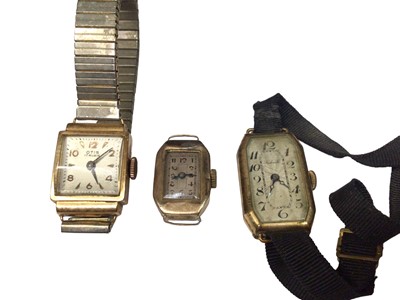 Lot 135 - Vintage 18ct gold cased Otis wristwatch on plated expandable bracelet, 9ct gold cased watch and a gold plated watch on black ribbon strap (3)
