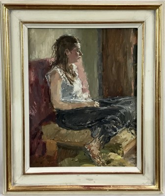 Lot 219 - John Lindfield (b.1930), oil on board - portrait of a seated lane, signed and dated 1990, 24cm x 19cm, framed