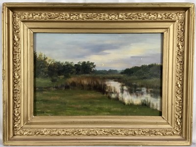 Lot 220 - French School, 20th century,, oil on board - landscape at dusk, indistinctly signed, 20cm x 30cm, in gilt frame