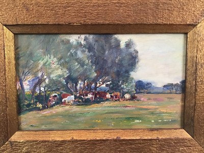 Lot 355 - James Herbert Snell (1861-1935), oil on panel, Cattle in Kentish Meadows, inscribed and titled verso, 12cm x 21cm, in gilt frame