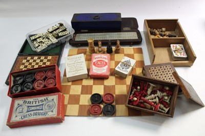 Lot 2460 - Chess set, cribbage board, playing cards, games, etc (one box)