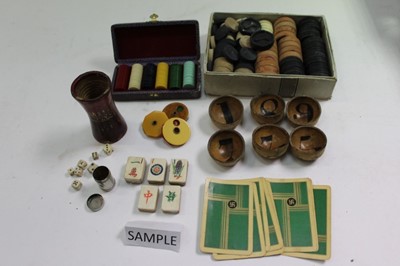 Lot 2459 - Box containing mah jong counters, other counters and dice, draughts, etc