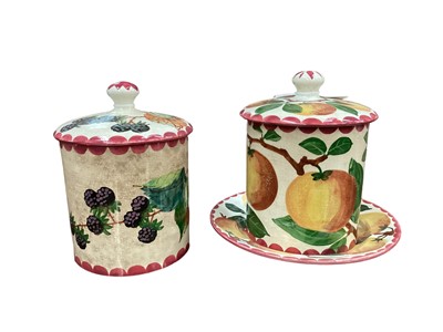 Lot 1126 - Two Wemyss pottery lidded jars together a dish, all decorated with fruit