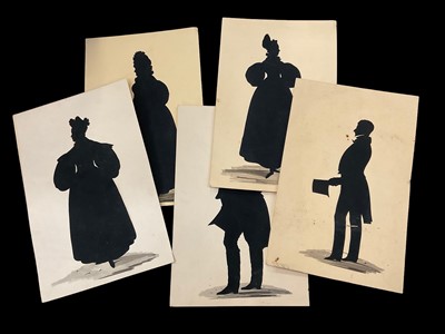 Lot 2436 - Six early 19th century pen work silhouette portraits on card, unsigned each approximately 28 x 18cm