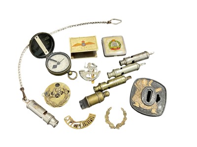 Lot 776 - First World War Officers' brass Verner compass, marked No. 2792, J. H. Steward, 406 Strand, London, together with military whistles and sundry items.