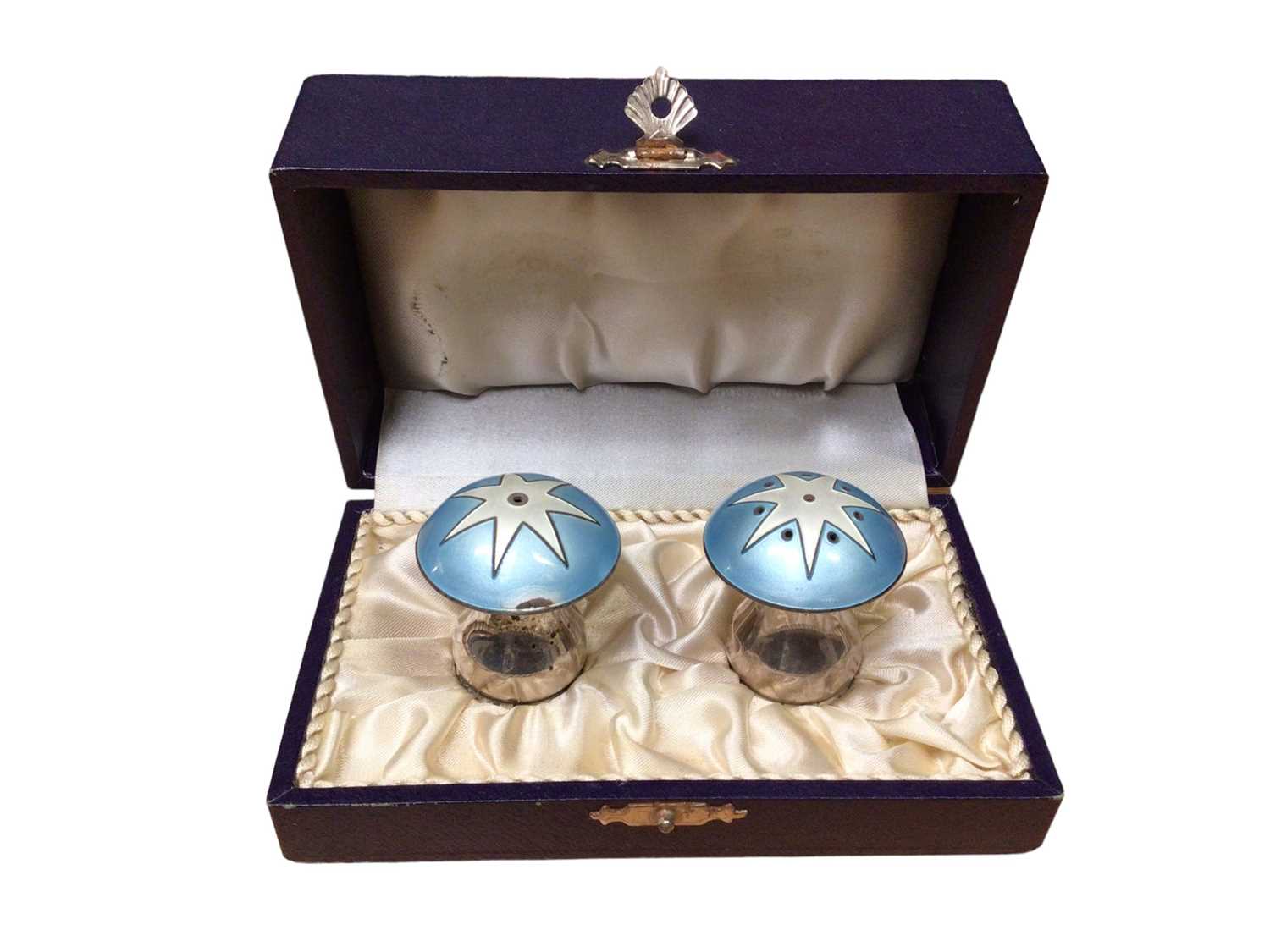 Lot 158 - Pair of Danish silver and enamel novelty salt and pepper casters in the form of toadstools