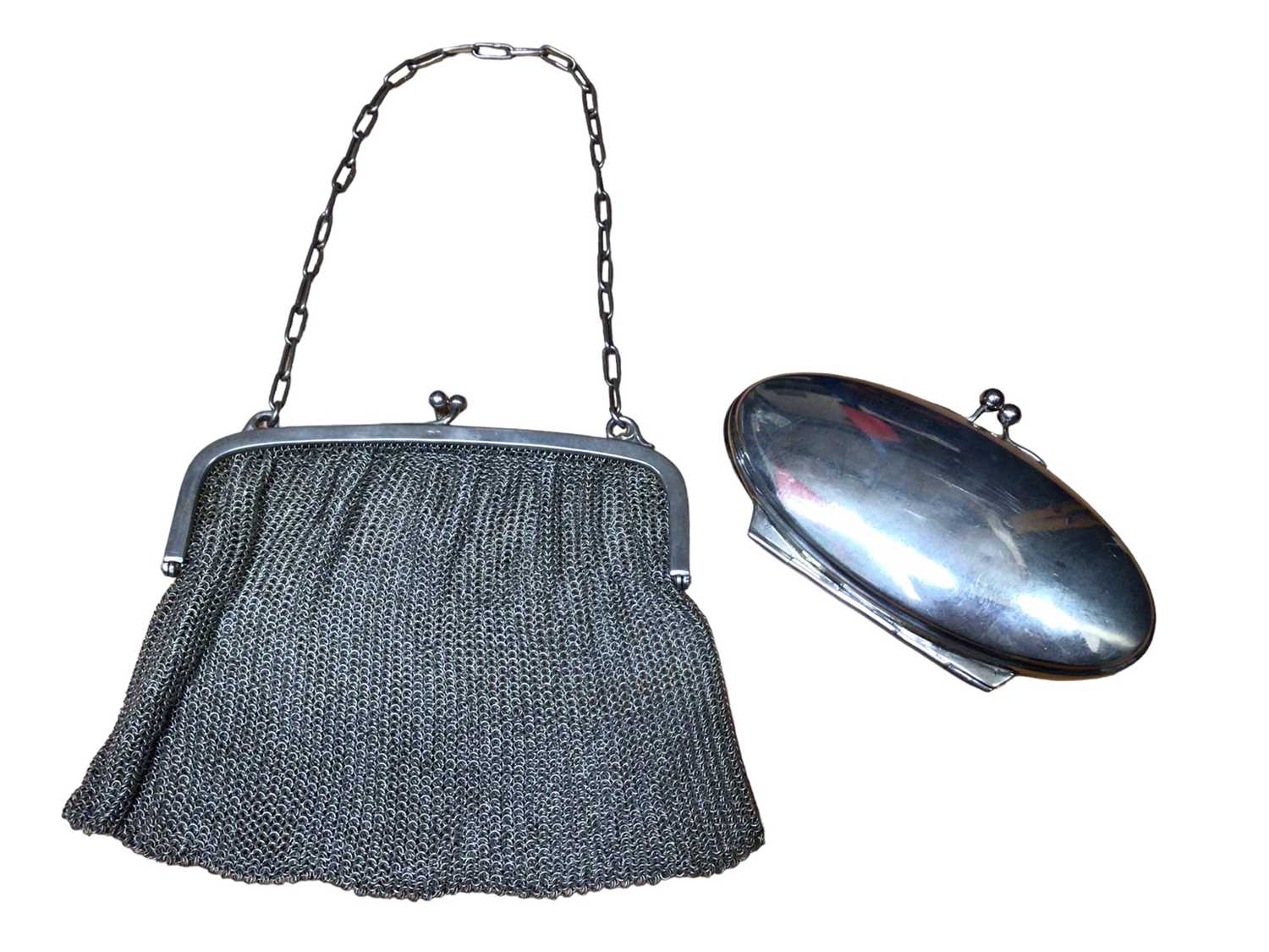 Lot 159 - 1920s silver mesh purse and one other oval silver purse with leather lined interior