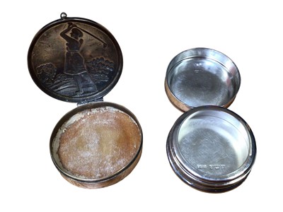 Lot 163 - Three silver spirit labels, silver pill box with embossed golfing scene, one other silver pill box with engine turned decoration and two other silver items