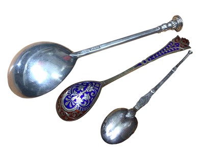Lot 165 - Pair of 1920s silver grape scissors, silver seal top tablespoon, silver anointing spoon and a Russian silver gilt enamelled spoon (4)