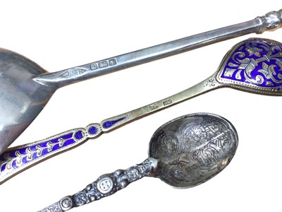 Lot 165 - Pair of 1920s silver grape scissors, silver seal top tablespoon, silver anointing spoon and a Russian silver gilt enamelled spoon (4)