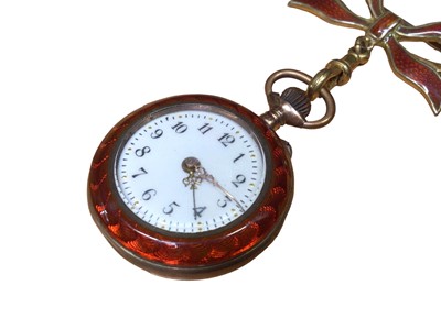 Lot 168 - Early 20th century Swiss red enamel fob watch with silver gilt and red enamel bow shaped brooch attachment
