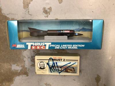 Lot 1908 - Lledo Thrust 2 die cast model, in signed Richard Noble box, Thrust Super Sonic Car, plus Dinky & Corgi Bluebird and other land speed vehicles